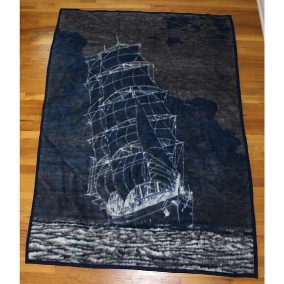 VTG Biederlack Acryl Velours Blue Ship Throw Blanket W. Germany Reversible 54x73 - Picture 2 of 4
